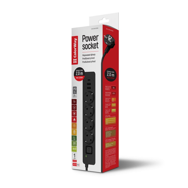 Мережевий фільтр живлення ColorWay CW-CHE432PDB, 4 розетки/3USB 2M (CW-CHE432PDB) - фото 7
