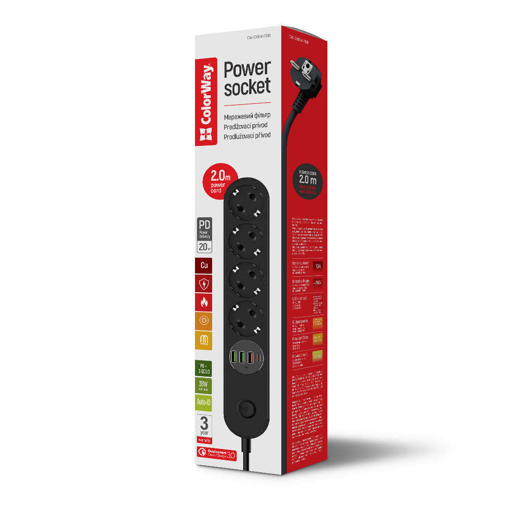 Мережевий фільтр живлення ColorWay CW-CHE44PDB, 4 розетки/4USB 2M (CW-CHE44PDB) - фото 6 Мережевий фільтр живлення ColorWay CW-CHE44PDB, 4 розетки/4USB 2M (CW-CHE44PDB) - фото 6