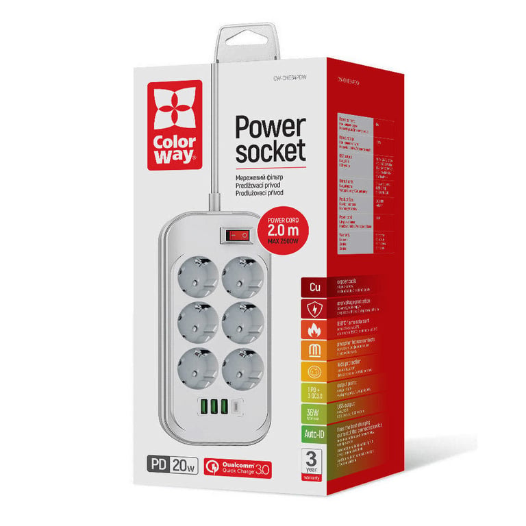 Мережевий фільтр живлення ColorWay CW-CHE64PDW, 6 розеток/4USB 2M (CW-CHE64PDW) - фото 2