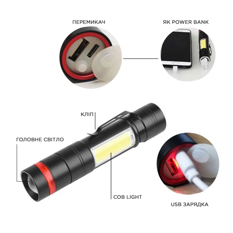 Ліхтар Quantum Assistant-M 3W LED+COB з USB з функцією Power Bank (QM-FL1033) - фото 4