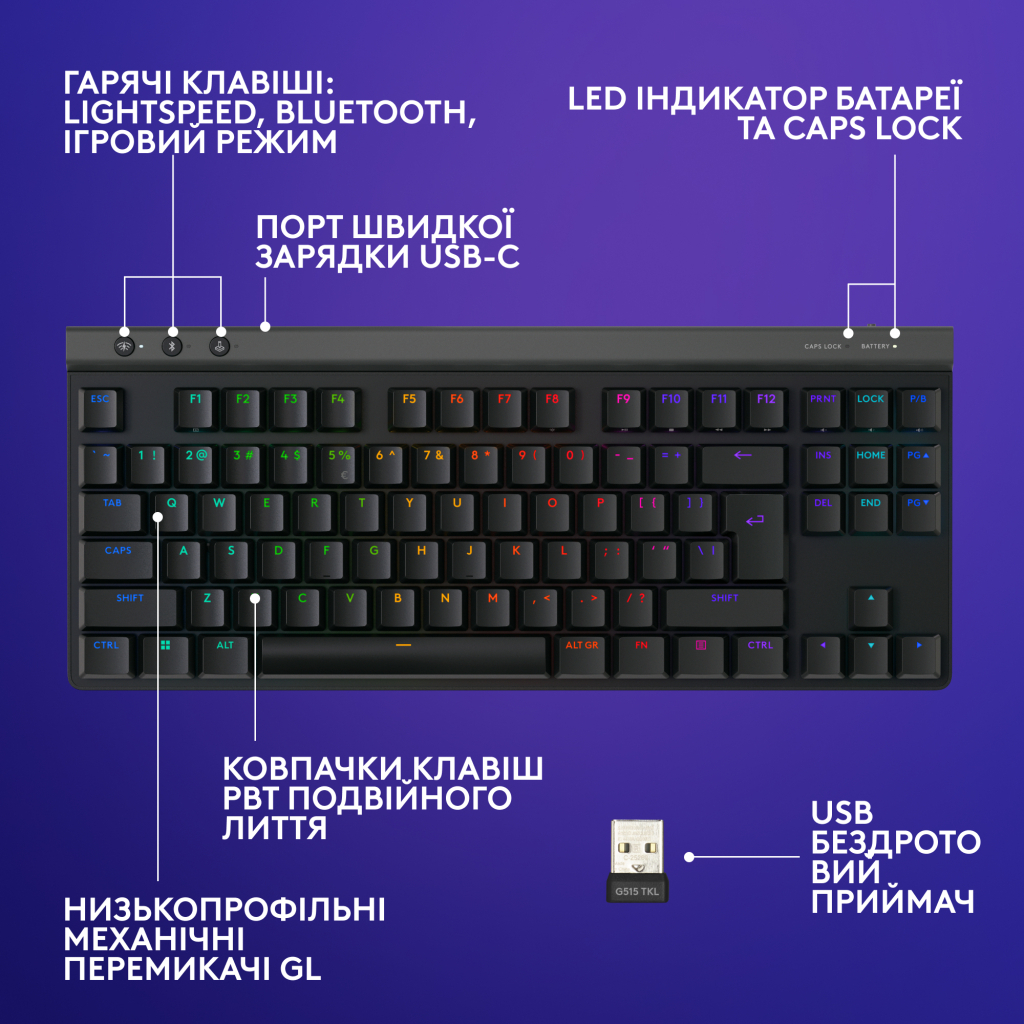 Клавіатура Logitech G515 TKL Lightspeed Tactile Bluetooth UA Black (920-012538) - фото 7 Клавіатура Logitech G515 TKL Lightspeed Tactile Bluetooth UA Black (920-012538) - фото 7