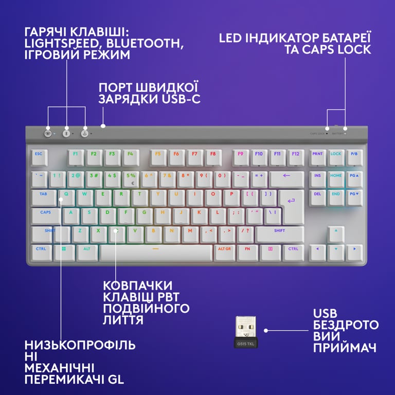 Клавіатура Logitech G515 TKL Lightspeed Tactile Bluetooth UA White (920-012539) - фото 7