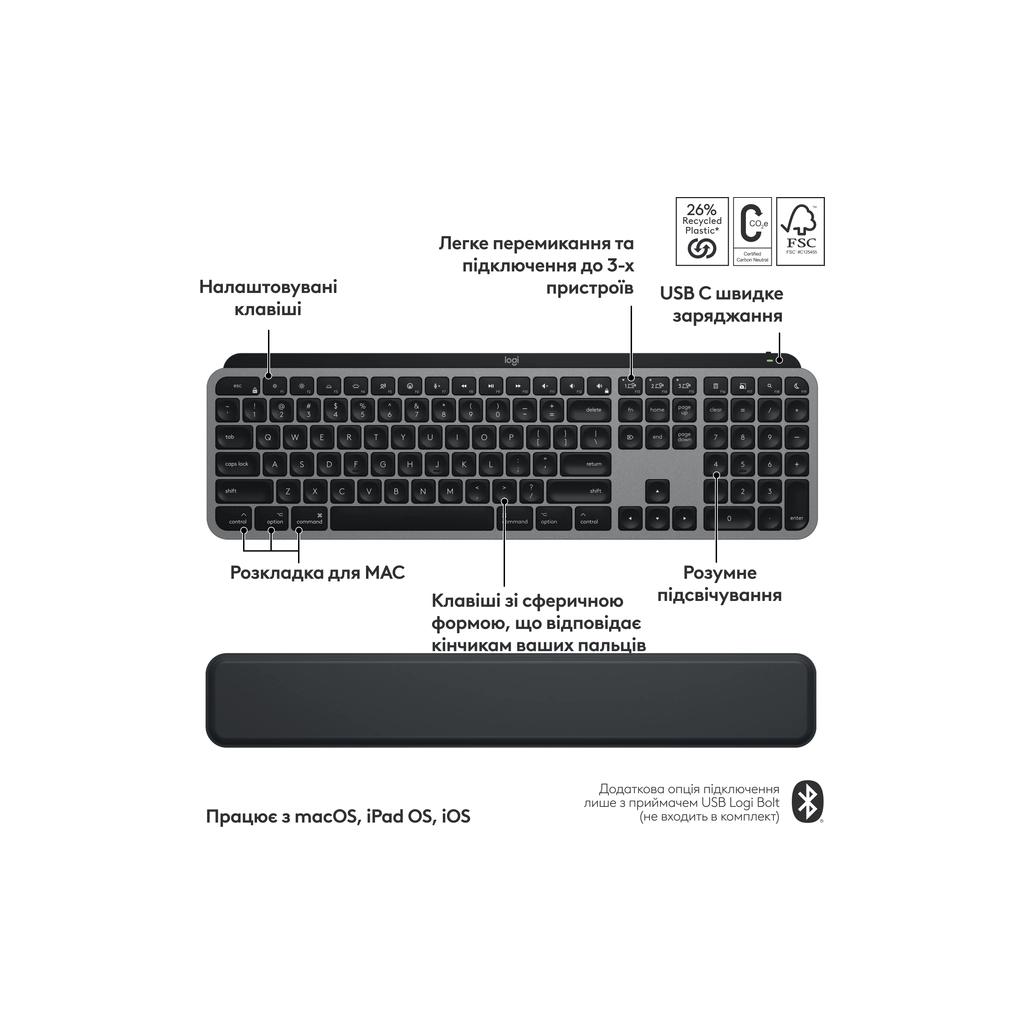 Комплект Logitech MX Keys S Combo для MAC Bluetooth/Wireles UA Space Grey (920-012845) - фото 4 Комплект Logitech MX Keys S Combo для MAC Bluetooth/Wireles UA Space Grey (920-012845) - фото 4