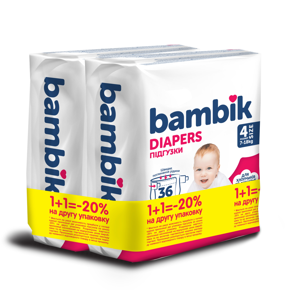 Підгузки Bambik Medium 7-18 кг Розмір 4 Maxi 2 х 36 шт (4823071664034) Підгузки Bambik Medium 7-18 кг Розмір 4 Maxi 2 х 36 шт (4823071664034)