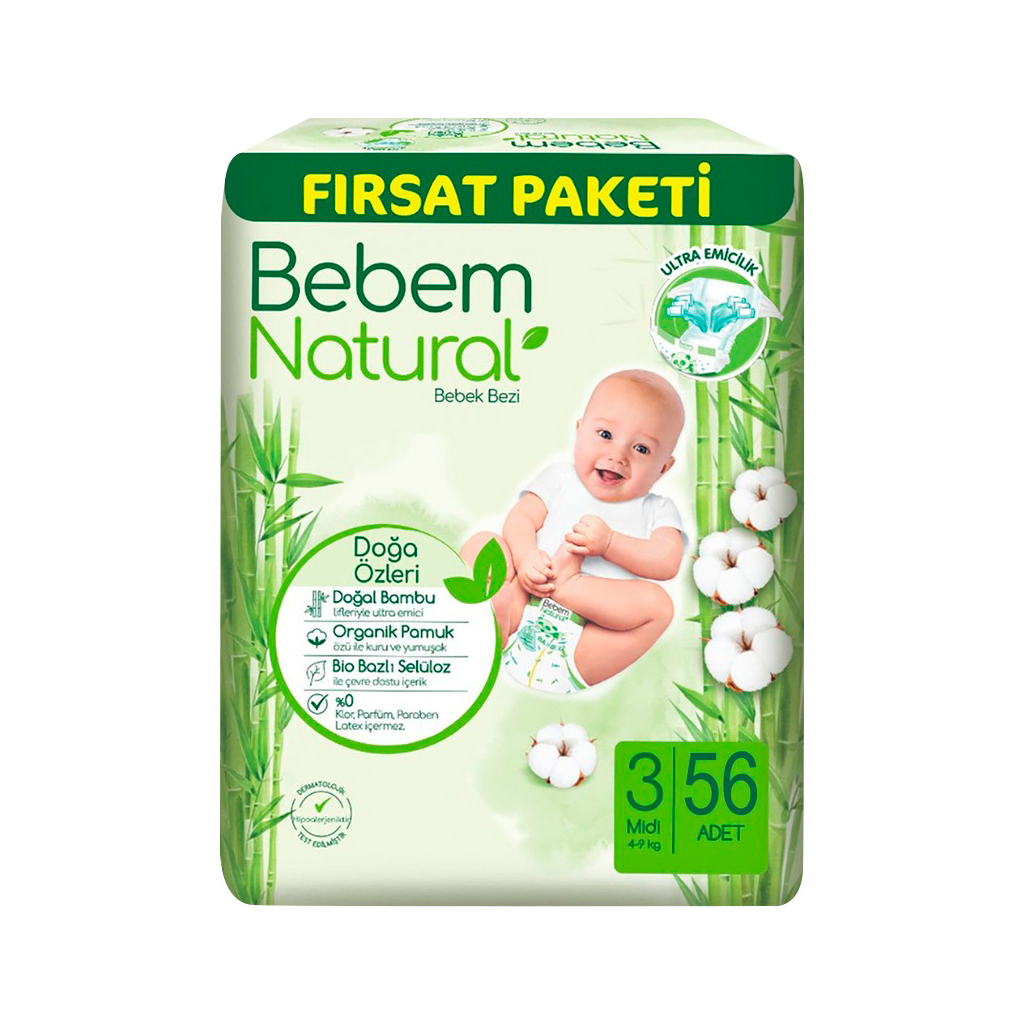 Підгузки Bebem Natural 3 midi 4-9 кг 56 шт (8690536831951) - фото 1 Підгузки Bebem Natural 3 midi 4-9 кг 56 шт (8690536831951) - фото 1