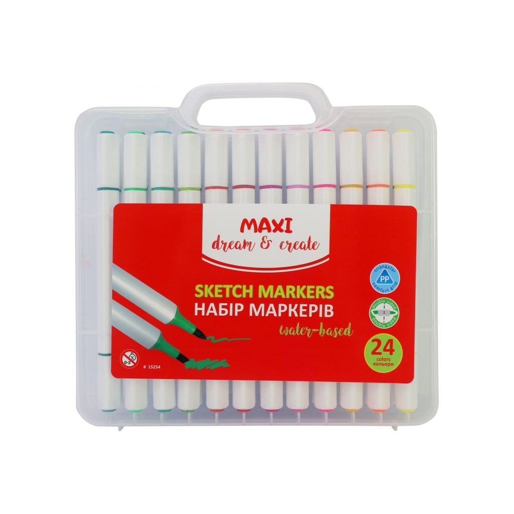 Художній маркер Maxi набір скетч-маркерів двосторонніх, 24 кольори на водній основі (MX15254) - фото 1