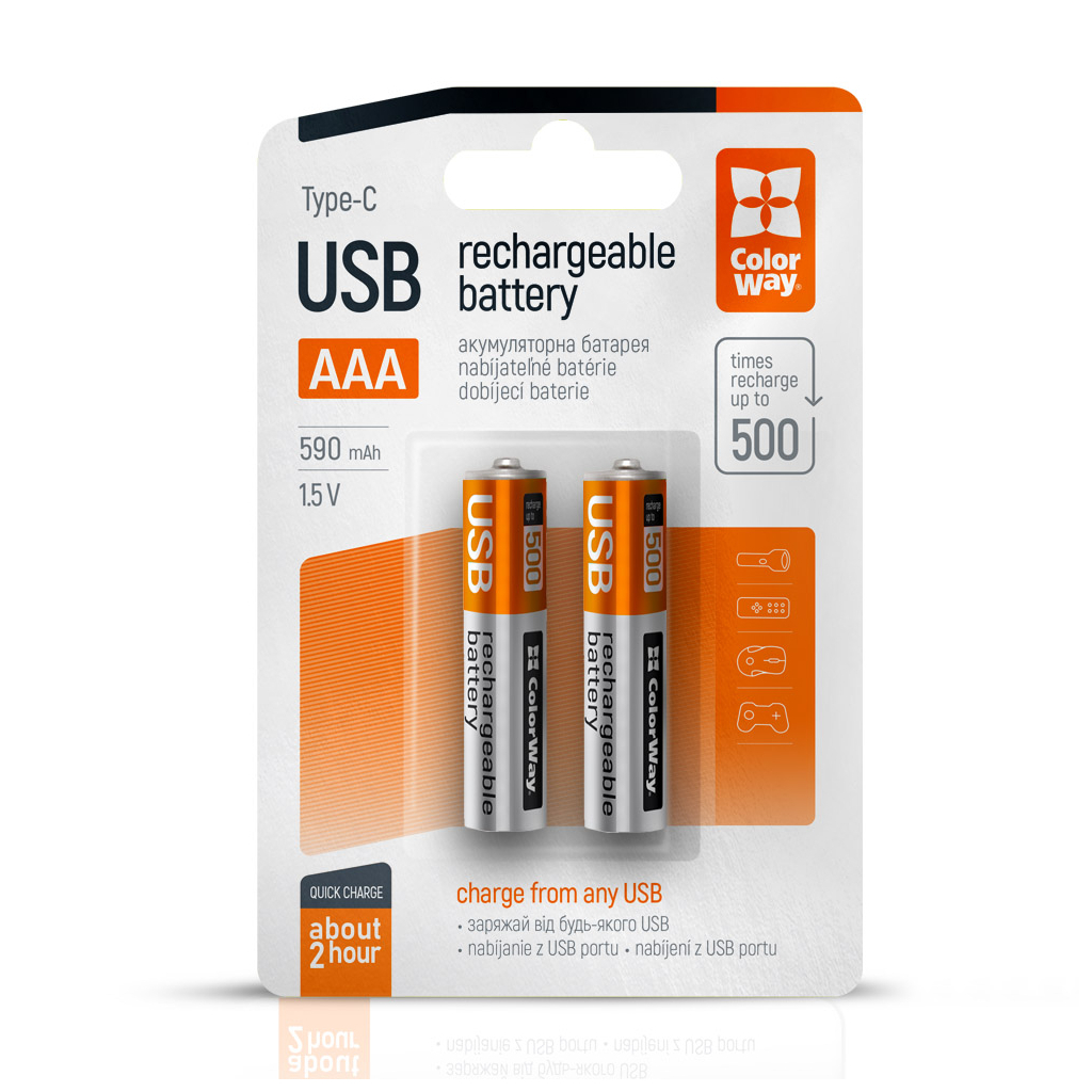 Акумулятор ColorWay AAА USB-С 590 mAh 1.5V (2шт) (Li-Polymer) (CW-UBAAA-09) Акумулятор ColorWay AAА USB-С 590 mAh 1.5V (2шт) (Li-Polymer) (CW-UBAAA-09)