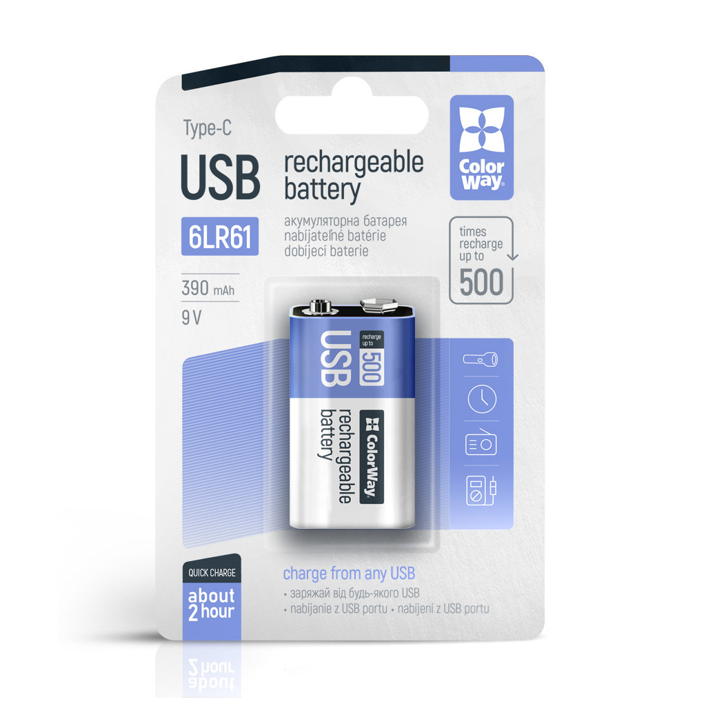 Акумулятор Крона USB-С 390 mAh 9V (Li-Polymer) ColorWay (CW-UB9V-06) - фото 1