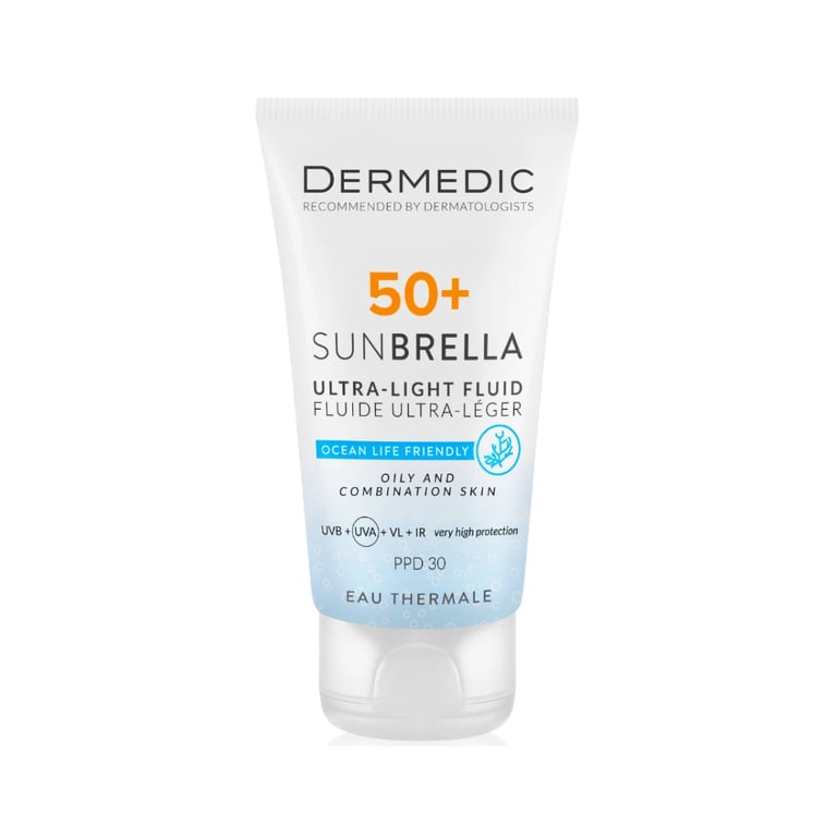 Засіб від засмаги Dermedic Sunbrella Ультралегкий захисний флюїд SPF 50+ Для жирної та комбінованої шкіри 40 мл (5901643177560) - фото 1