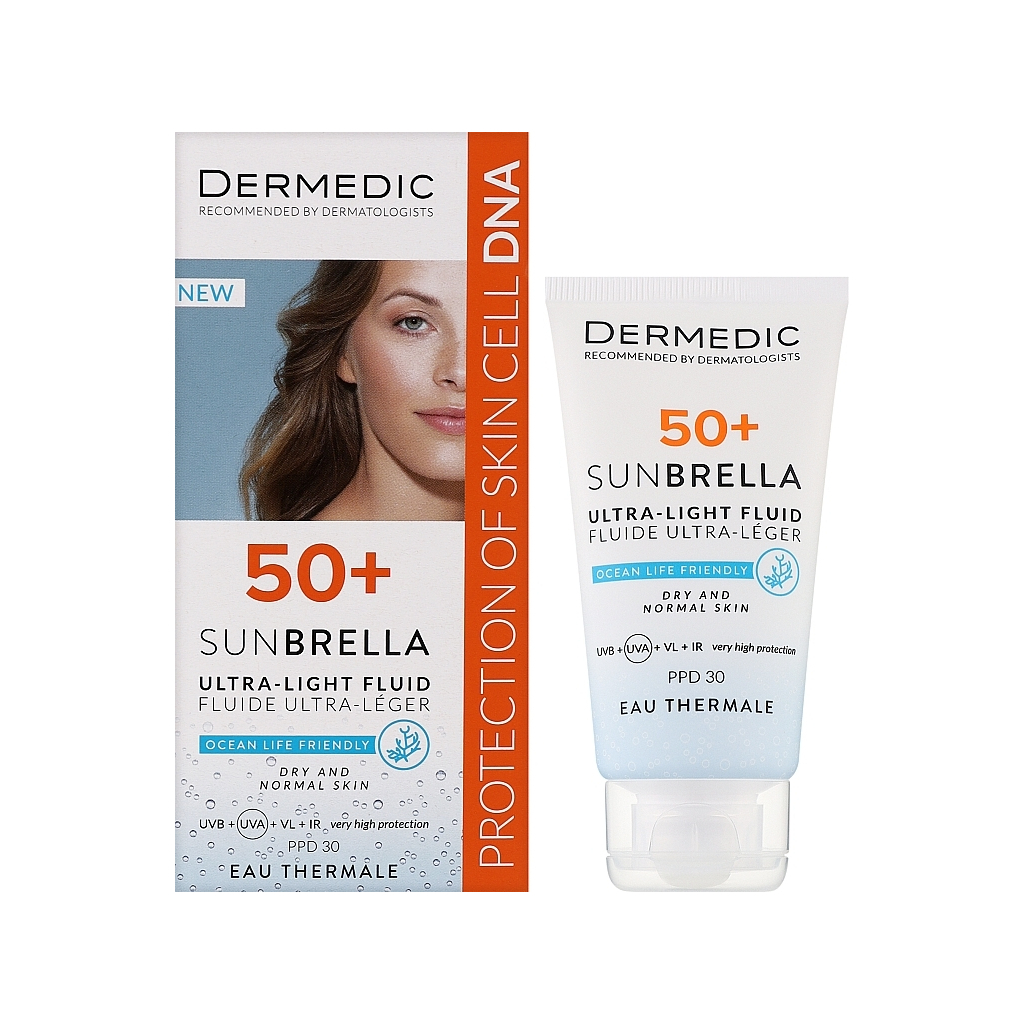 Засіб від засмаги Dermedic Sunbrella Ультралегкий захисний флюїд SPF 50+ Для сухої та нормальної шкіри 40 мл (5901643177546) - фото 2 Засіб від засмаги Dermedic Sunbrella Ультралегкий захисний флюїд SPF 50+ Для сухої та нормальної шкіри 40 мл (5901643177546) - фото 2