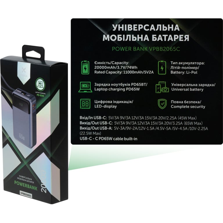 Батарея універсальна Vinga 20000 mAh 65W Display USB-C Cable Grey (VPBB2065C) - фото 9