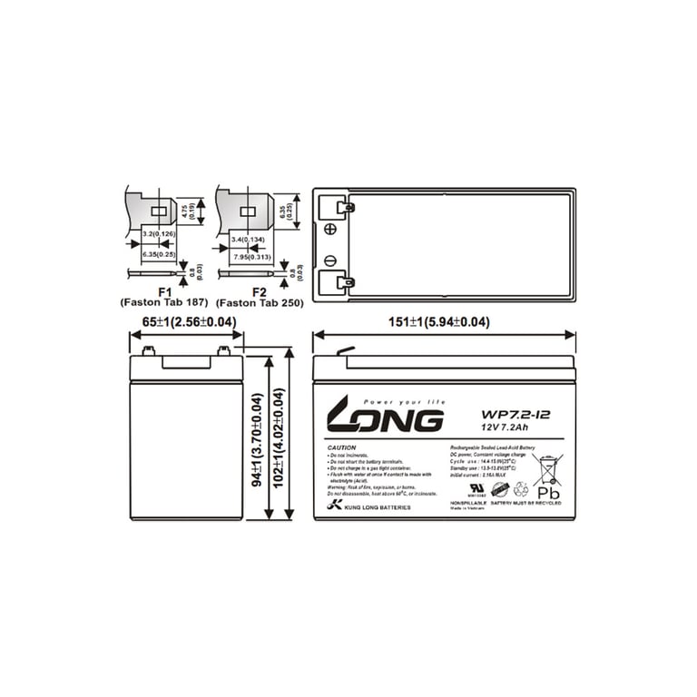 Батарея до ДБЖ Long 12В 7.2 Ач (WP7.2-12) (WP7.2-12A) - фото 2