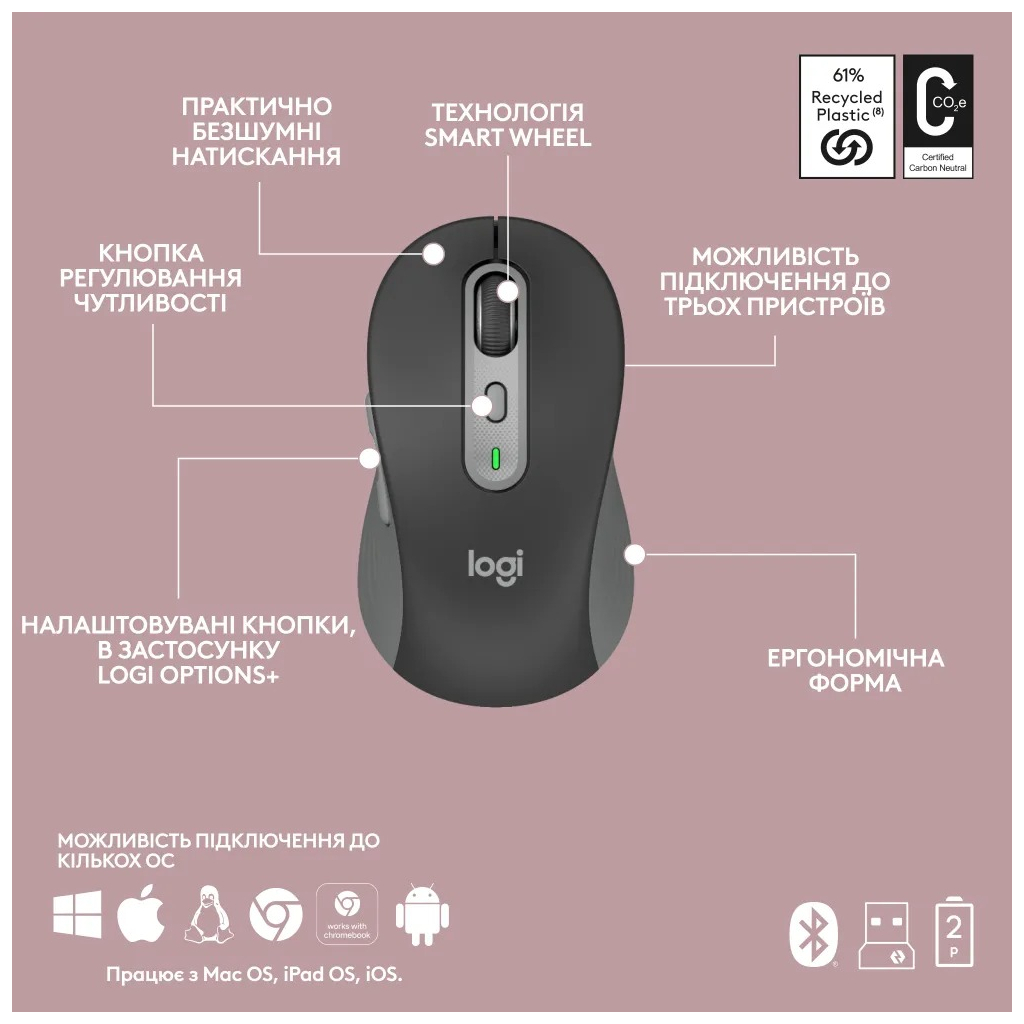 Комплект Logitech MK950 Bluetooth/Wireles UA Graphite (920-012490) - фото 12 Комплект Logitech MK950 Bluetooth/Wireles UA Graphite (920-012490) - фото 12