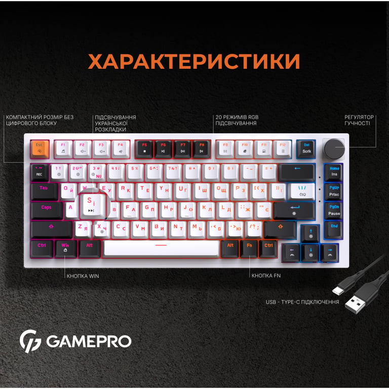 Клавіатура GamePro MK160W Hot-Swap Red Swich RGB USB UA White (MK160W) - фото 11