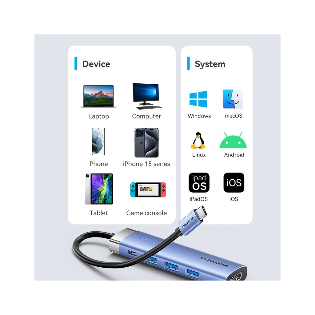 Концентратор Vention USB 3.1 Type-C to HDMI/USB 3.0x3/PD 100W Blue Aluminum Alloy Hub 5-in-1 (TGESB) - фото 11 Концентратор Vention USB 3.1 Type-C to HDMI/USB 3.0x3/PD 100W Blue Aluminum Alloy Hub 5-in-1 (TGESB) - фото 11