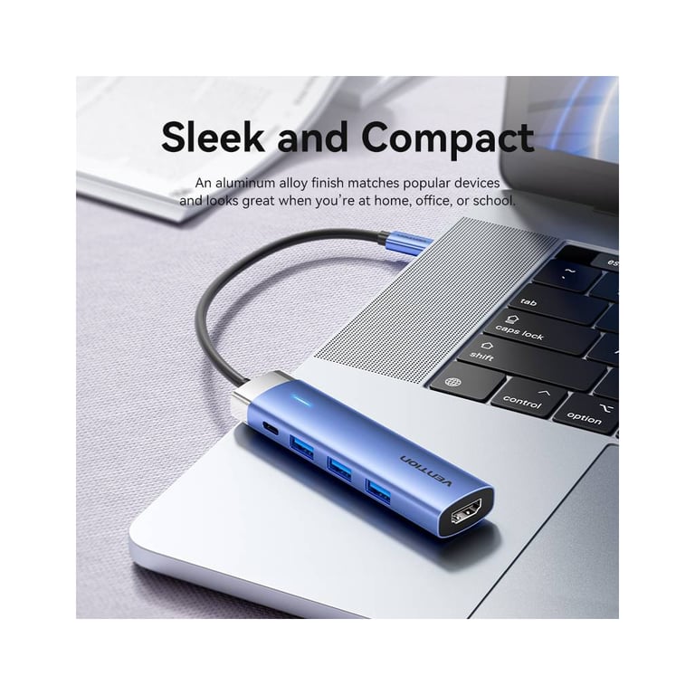 Концентратор Vention USB 3.1 Type-C to HDMI/USB 3.0x3/PD 100W Blue Aluminum Alloy Hub 5-in-1 (TGESB) - фото 3