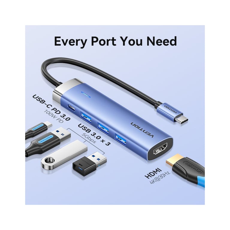 Концентратор Vention USB 3.1 Type-C to HDMI/USB 3.0x3/PD 100W Blue Aluminum Alloy Hub 5-in-1 (TGESB) - фото 5