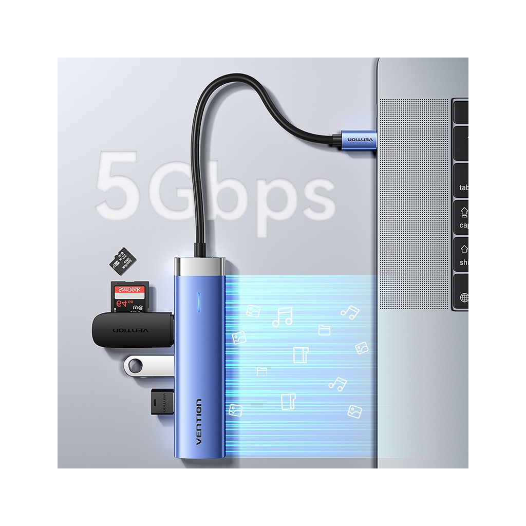 Концентратор Vention USB 3.1 Type-C to HDMI/USB 3.0x3/PD 100W Blue Aluminum Alloy Hub 5-in-1 (TGESB) - фото 7 Концентратор Vention USB 3.1 Type-C to HDMI/USB 3.0x3/PD 100W Blue Aluminum Alloy Hub 5-in-1 (TGESB) - фото 7