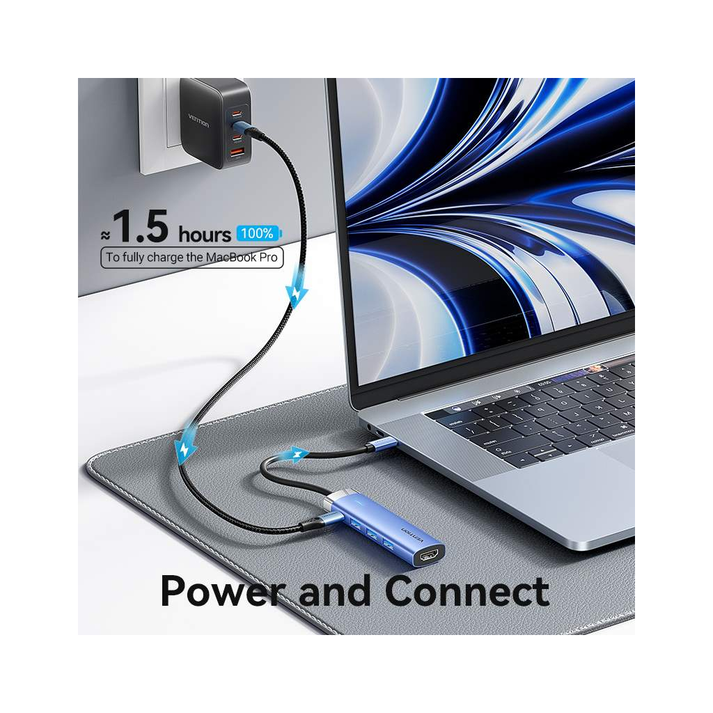 Концентратор Vention USB 3.1 Type-C to HDMI/USB 3.0x3/PD 100W Blue Aluminum Alloy Hub 5-in-1 (TGESB) - фото 8 Концентратор Vention USB 3.1 Type-C to HDMI/USB 3.0x3/PD 100W Blue Aluminum Alloy Hub 5-in-1 (TGESB) - фото 8