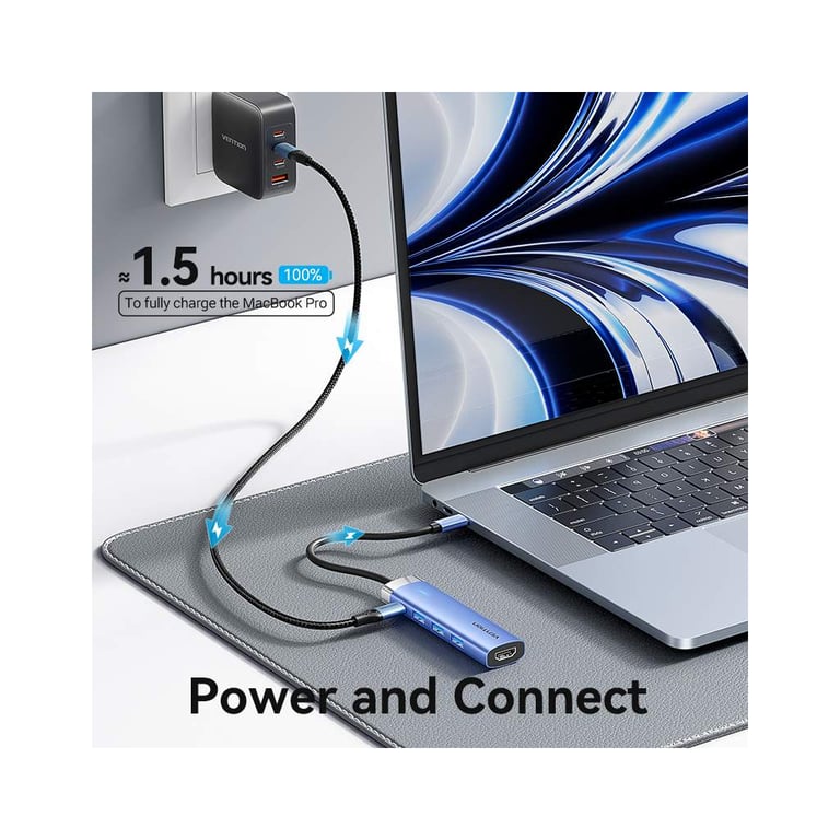 Концентратор Vention USB 3.1 Type-C to HDMI/USB 3.0x3/PD 100W Blue Aluminum Alloy Hub 5-in-1 (TGESB) - фото 8