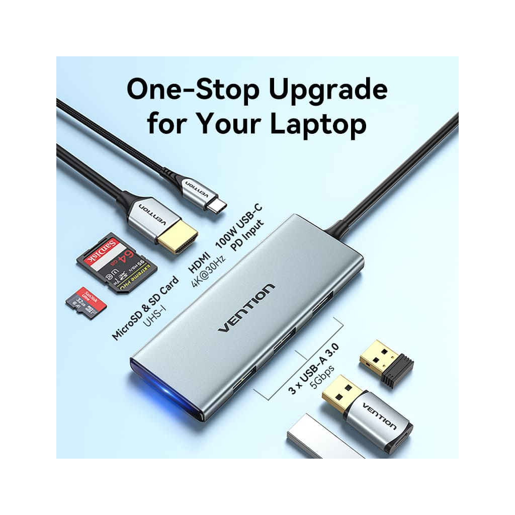 Концентратор Vention USB 3.1 Type-C to HDMI/USB 3.0x3/SD/TF/PD 100W 7-in-1 (TOPHB) - фото 6 Концентратор Vention USB 3.1 Type-C to HDMI/USB 3.0x3/SD/TF/PD 100W 7-in-1 (TOPHB) - фото 6