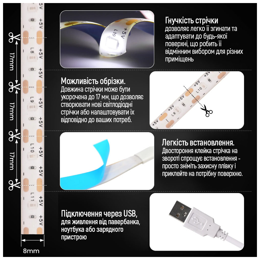 Світлодіодна стрічка ColorWay LED 3м з живленням від USB (CW-LD03) - фото 6 Світлодіодна стрічка ColorWay LED 3м з живленням від USB (CW-LD03) - фото 6