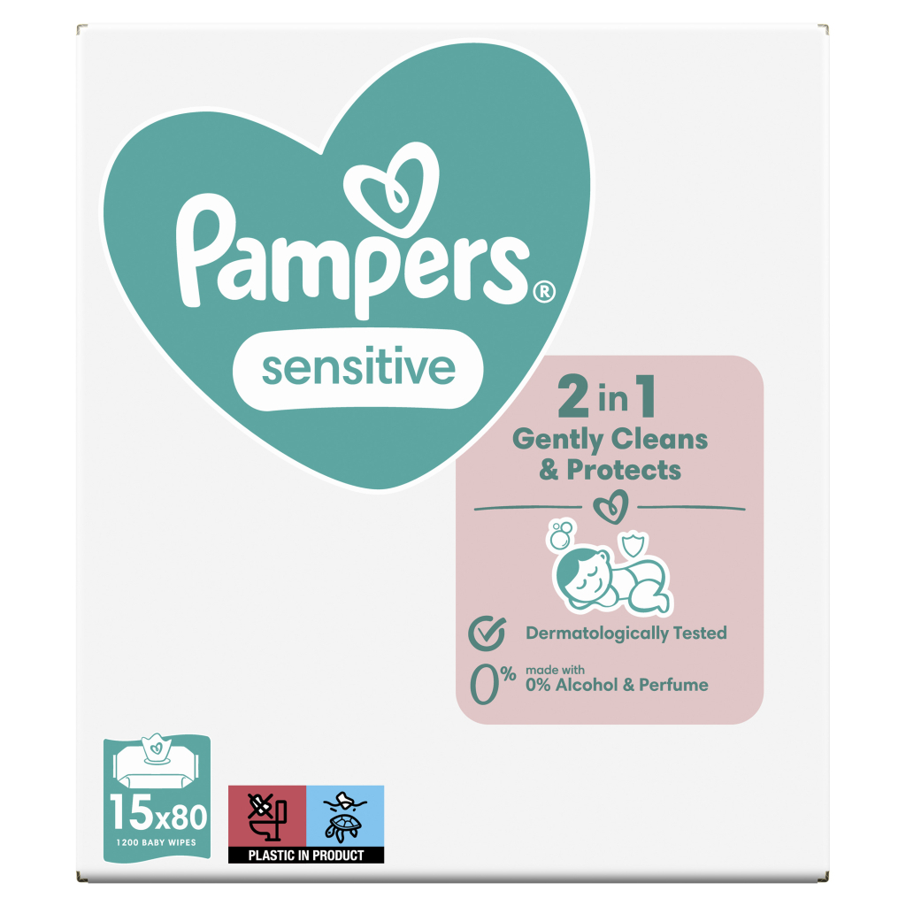 Дитячі вологі серветки Pampers Sensitive 15 x 80 шт. (8001841063188) - фото 2 Дитячі вологі серветки Pampers Sensitive 15 x 80 шт. (8001841063188) - фото 2