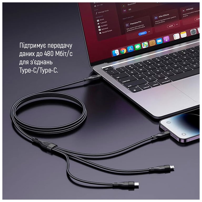 Дата кабель USB 2.0 AM to Lightning + Micro 5P + USB-C 1.2m 3.0A (PD60W data) Black ColorWay (CW-CBPDU3060-BK) - фото 10