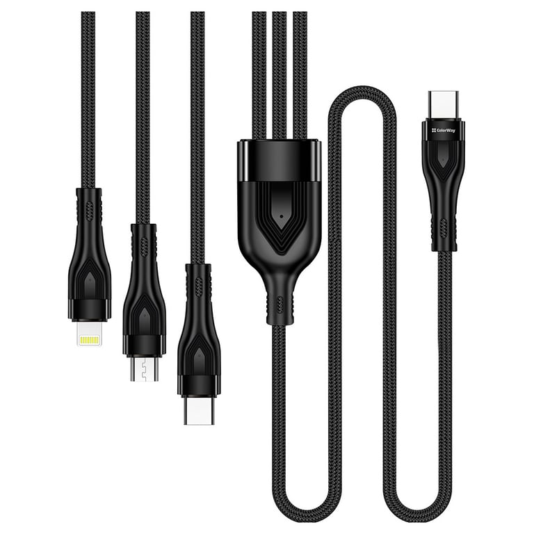 Дата кабель USB 2.0 AM to Lightning + Micro 5P + USB-C 1.2m 3.0A (PD60W data) Black ColorWay (CW-CBPDU3060-BK) - фото 2