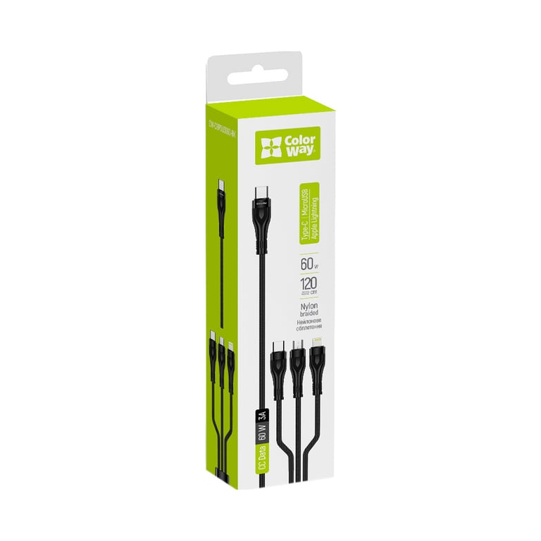Дата кабель USB 2.0 AM to Lightning + Micro 5P + USB-C 1.2m 3.0A (PD60W data) Black ColorWay (CW-CBPDU3060-BK) - фото 6