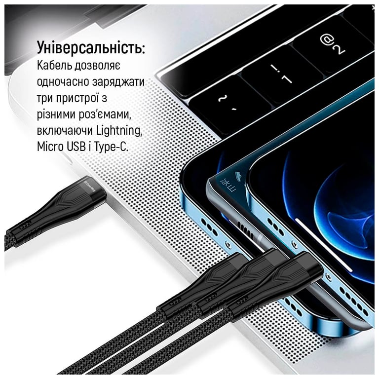 Дата кабель USB 2.0 AM to Lightning + Micro 5P + USB-C 1.2m 3.0A (PD60W data) Black ColorWay (CW-CBPDU3060-BK) - фото 8