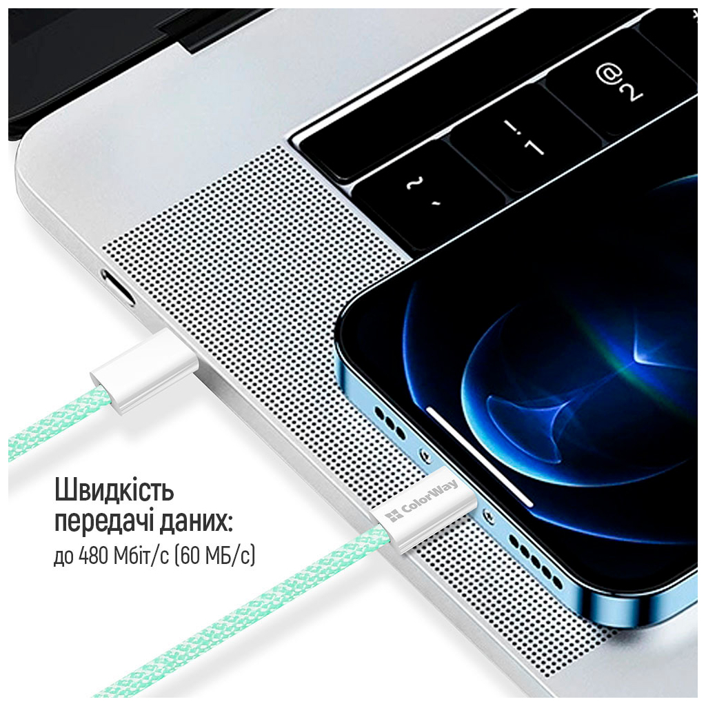 Дата кабель USB-C to Lightning 1.0m 27W green ColorWay (CW-CBPDCL061-G) - фото 4 Дата кабель USB-C to Lightning 1.0m 27W green ColorWay (CW-CBPDCL061-G) - фото 4