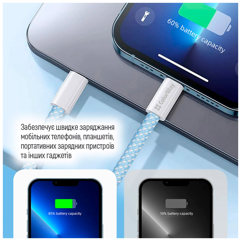 Дата кабель USB-C to Lightning 1.0m 27W blue ColorWay (CW-CBPDCL061-BL) - фото 4 Дата кабель USB-C to Lightning 1.0m 27W blue ColorWay (CW-CBPDCL061-BL) - фото 4