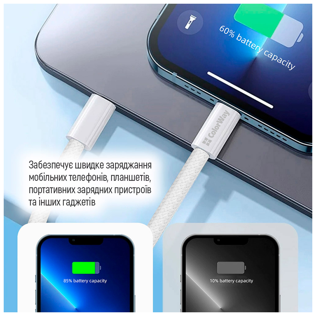 Дата кабель USB-C to Lightning 1.0m 27W grey ColorWay (CW-CBPDCL061-GR) - фото 4 Дата кабель USB-C to Lightning 1.0m 27W grey ColorWay (CW-CBPDCL061-GR) - фото 4