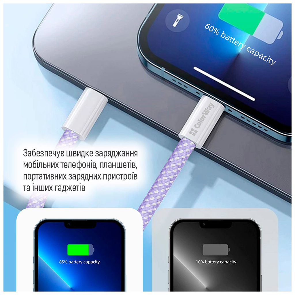 Дата кабель USB-C to Lightning 1.0m 27W purple ColorWay (CW-CBPDCL061-PU) - фото 4 Дата кабель USB-C to Lightning 1.0m 27W purple ColorWay (CW-CBPDCL061-PU) - фото 4