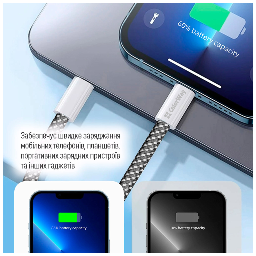 Дата кабель USB-C to Lightning 1.0m 27W black ColorWay (CW-CBPDCL061-BK) - фото 4 Дата кабель USB-C to Lightning 1.0m 27W black ColorWay (CW-CBPDCL061-BK) - фото 4
