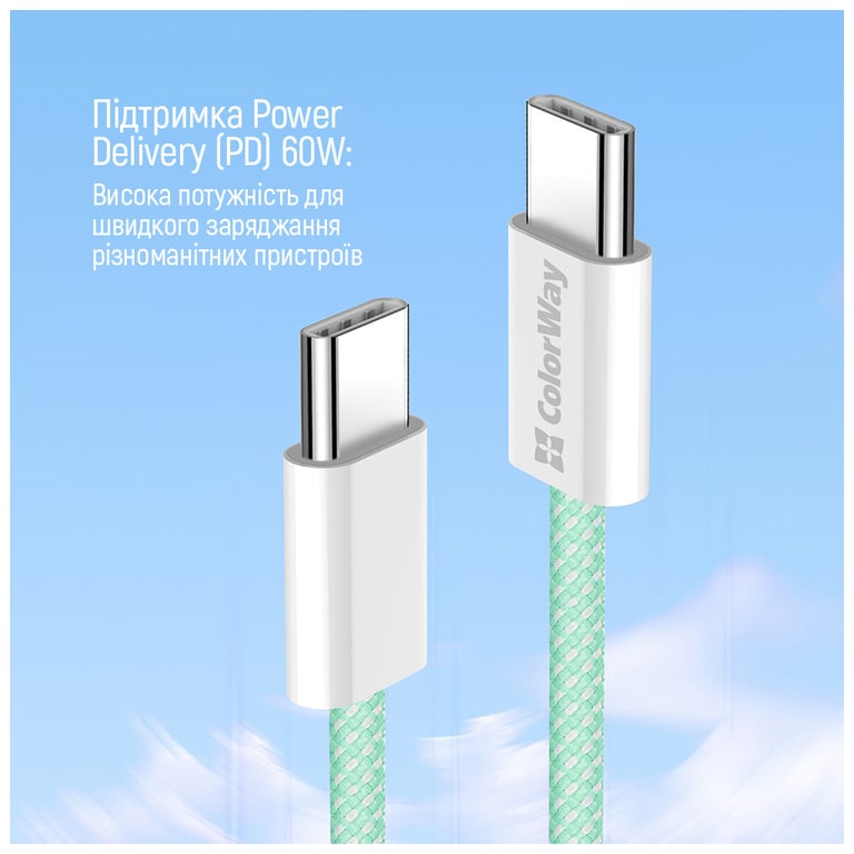 Дата кабель USB-C to USB-C 1.0m 60W 3.0А green ColorWay (CW-CBPDCC061-G) - фото 10