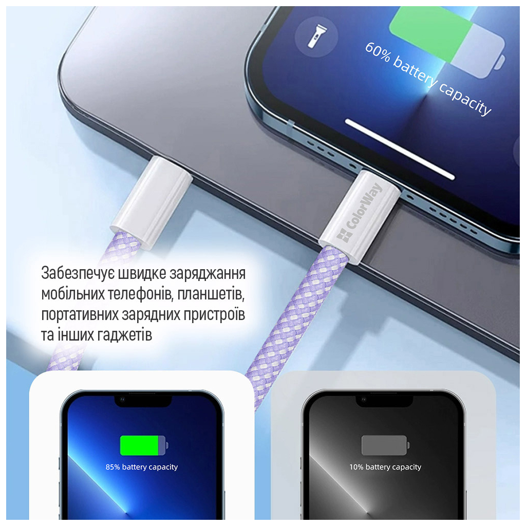 Дата кабель USB-C to USB-C 1.0m 60W 3.0А purple ColorWay (CW-CBPDCC061-PU) - фото 4 Дата кабель USB-C to USB-C 1.0m 60W 3.0А purple ColorWay (CW-CBPDCC061-PU) - фото 4