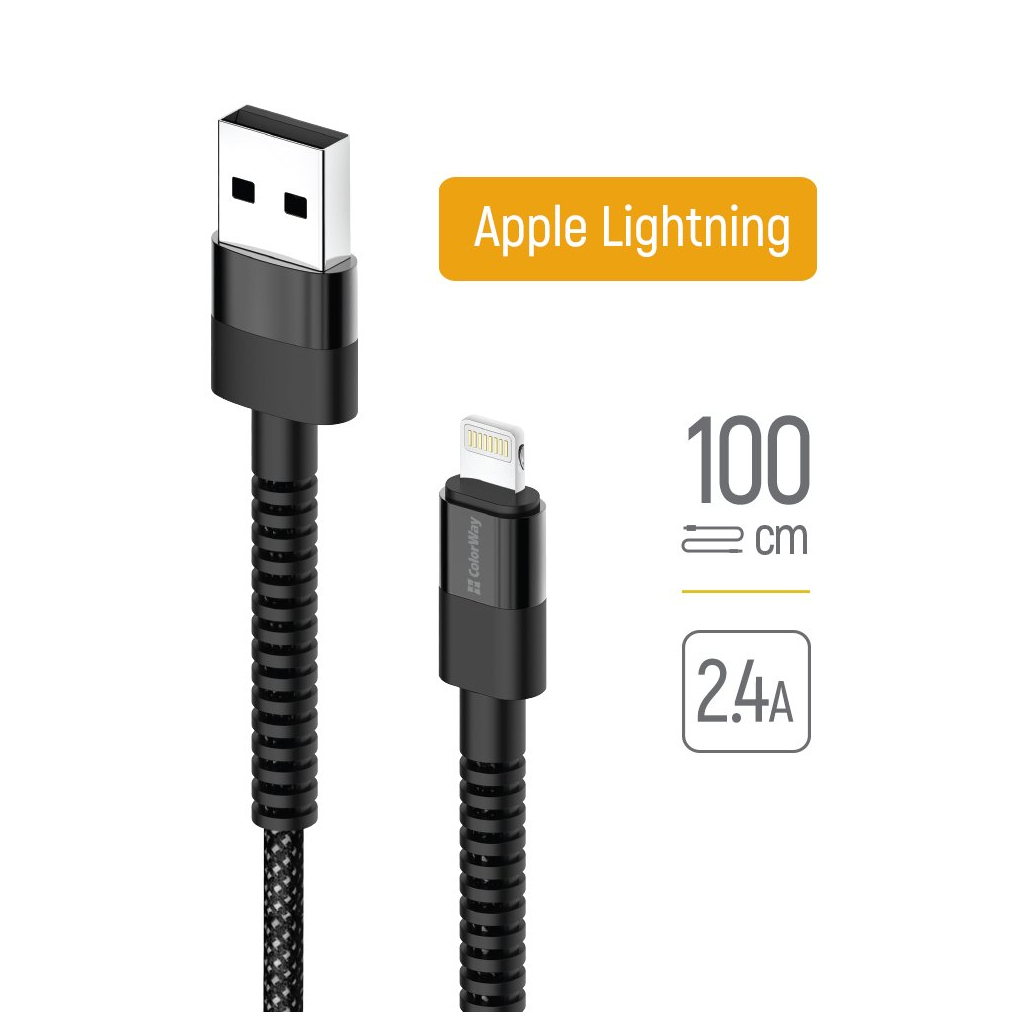 Дата кабель USB-A to Lightning 1.0m 2.4А black ColorWay (CW-CBUL063-BK) - фото 1