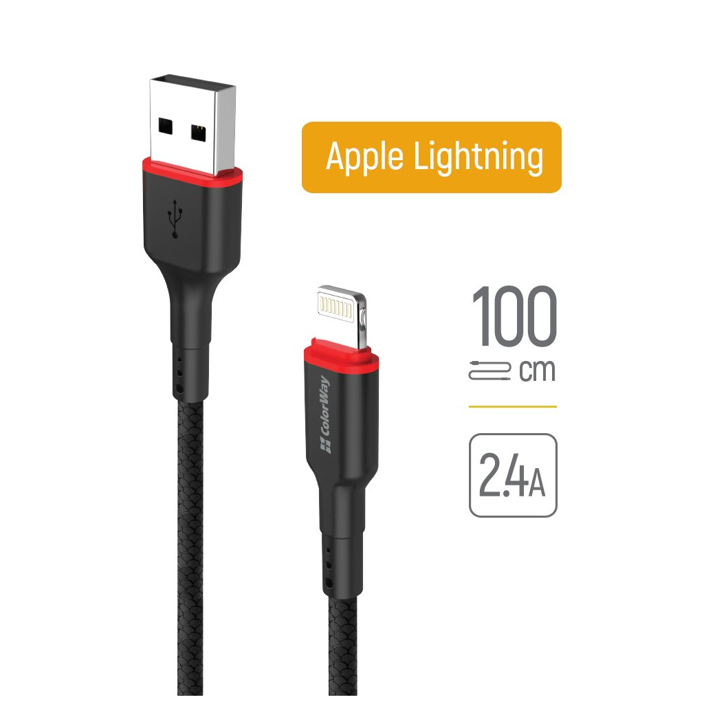 Дата кабель USB 2.0 AM to Lightning 1.0m 2.4А black ColorWay (CW-CBUL064-BK) Дата кабель USB 2.0 AM to Lightning 1.0m 2.4А black ColorWay (CW-CBUL064-BK)