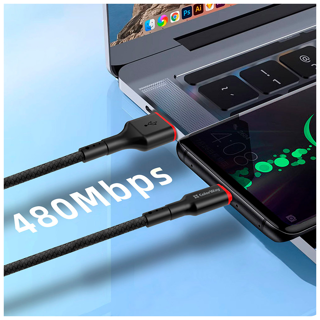 Дата кабель USB 2.0 AM to USB-C 1.0m 2.4А black ColorWay (CW-CBUC064-BK) - фото 8 Дата кабель USB 2.0 AM to USB-C 1.0m 2.4А black ColorWay (CW-CBUC064-BK) - фото 8