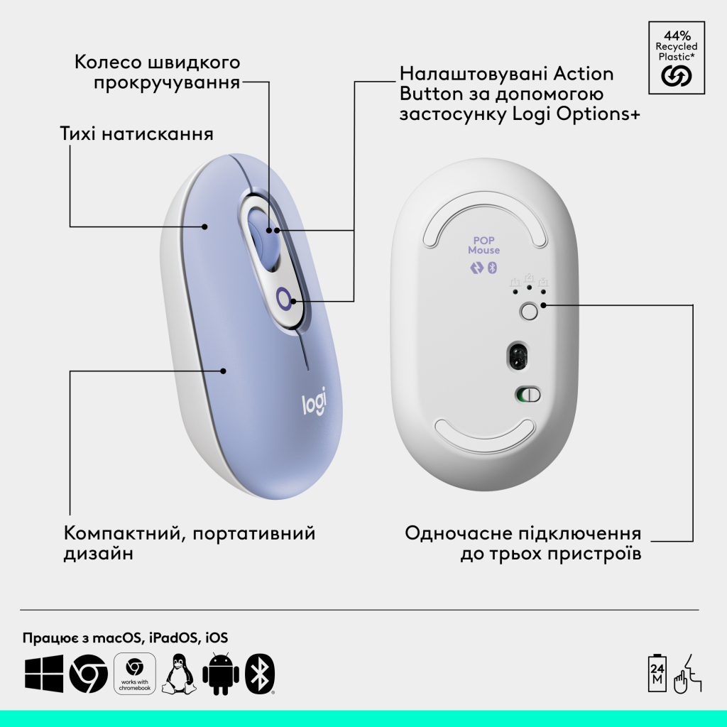 Мишка Logitech POP Mouse With Emoji Bluetooth Lilac (910-007414) - фото 6 Мишка Logitech POP Mouse With Emoji Bluetooth Lilac (910-007414) - фото 6