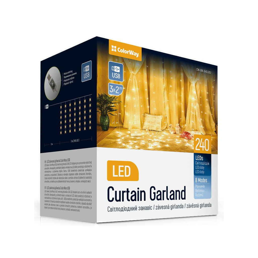 Гірлянда ColorWay Штора завіса 3 x 2 м 240 LED USB теплий колір (CW-GW-240L32U) Гірлянда ColorWay Штора завіса 3 x 2 м 240 LED USB теплий колір (CW-GW-240L32U)