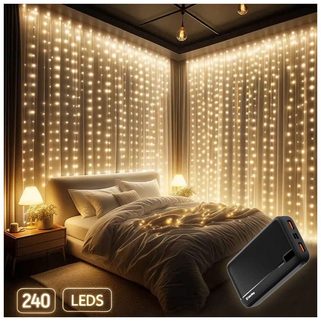 Гірлянда ColorWay Штора завіса 3 x 2 м 240 LED USB теплий колір (CW-GW-240L32U) - фото 2 Гірлянда ColorWay Штора завіса 3 x 2 м 240 LED USB теплий колір (CW-GW-240L32U) - фото 2