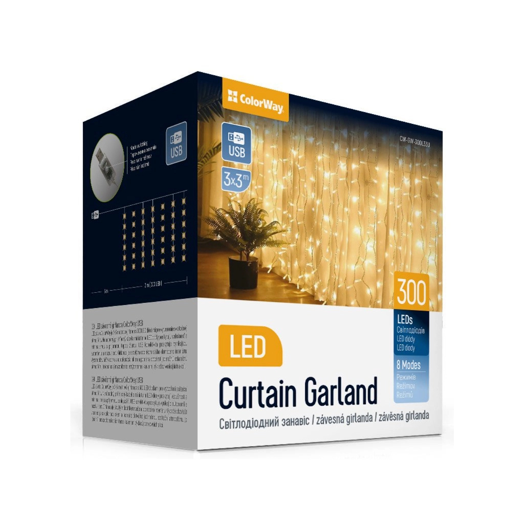 Гірлянда ColorWay Штора завіса 3 x 3 м 300 LED USB теплий колір (CW-GW-300L33U) Гірлянда ColorWay Штора завіса 3 x 3 м 300 LED USB теплий колір (CW-GW-300L33U)