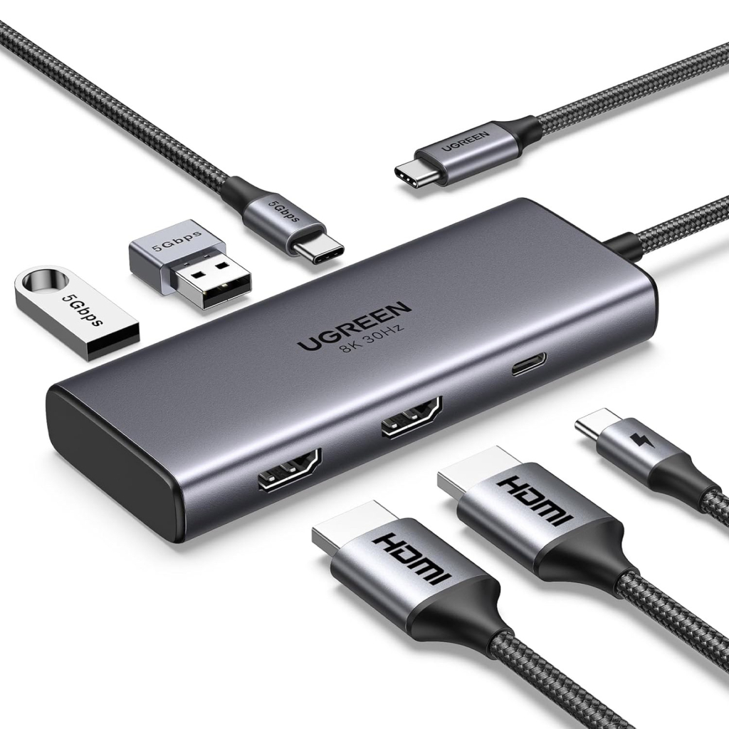 Концентратор Ugreen USB3.1 Type-C to HDMIx2 4K60Hz (8k30Hz)/USB3.0x2/Type-C/PD 100W CM498 (15852) - фото 1