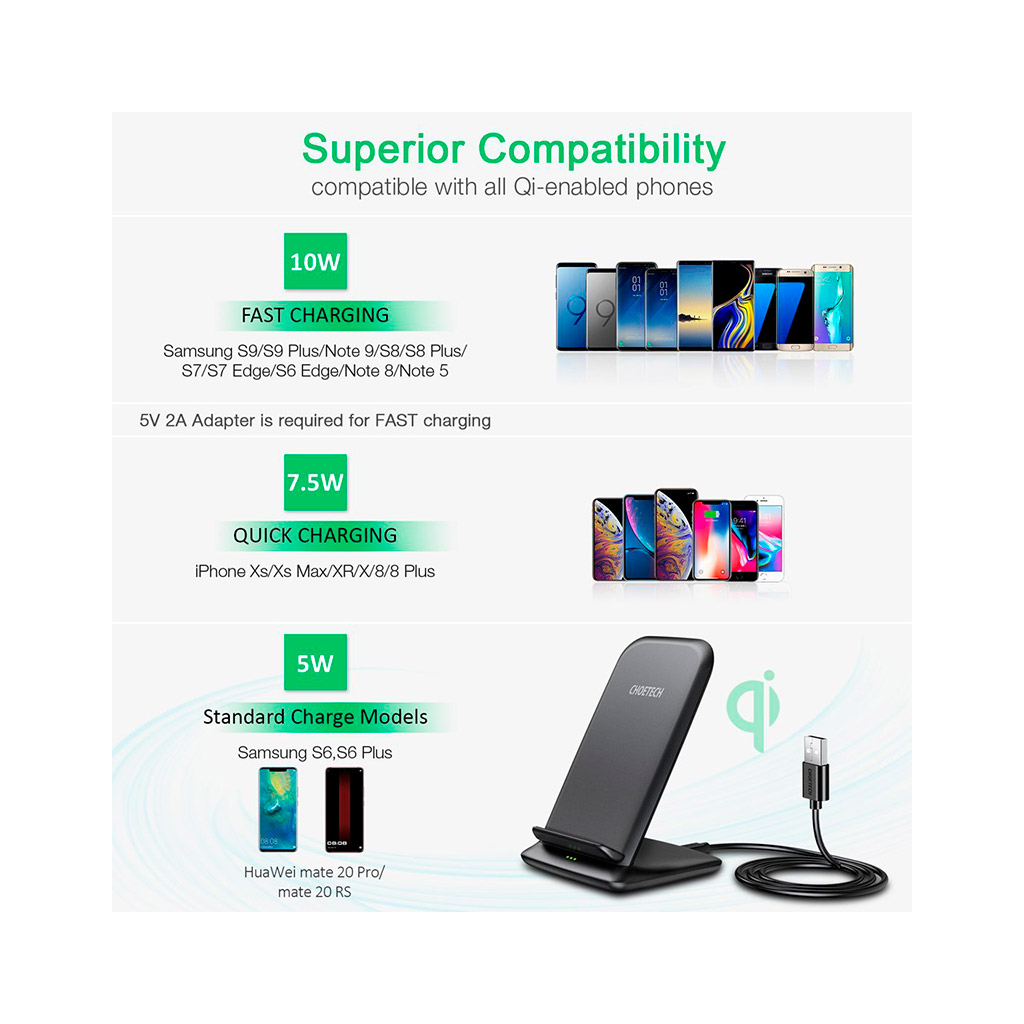 Зарядний пристрій Choetech 15W Fast Wireless Charging Stand 2coils black (T555-F-BK) - фото 5 Зарядний пристрій Choetech 15W Fast Wireless Charging Stand 2coils black (T555-F-BK) - фото 5