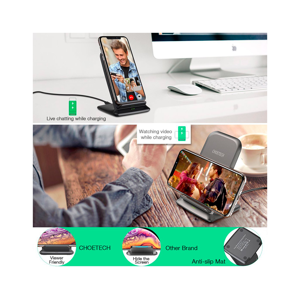 Зарядний пристрій Choetech 15W Fast Wireless Charging Stand 2coils black (T555-F-BK) - фото 8 Зарядний пристрій Choetech 15W Fast Wireless Charging Stand 2coils black (T555-F-BK) - фото 8