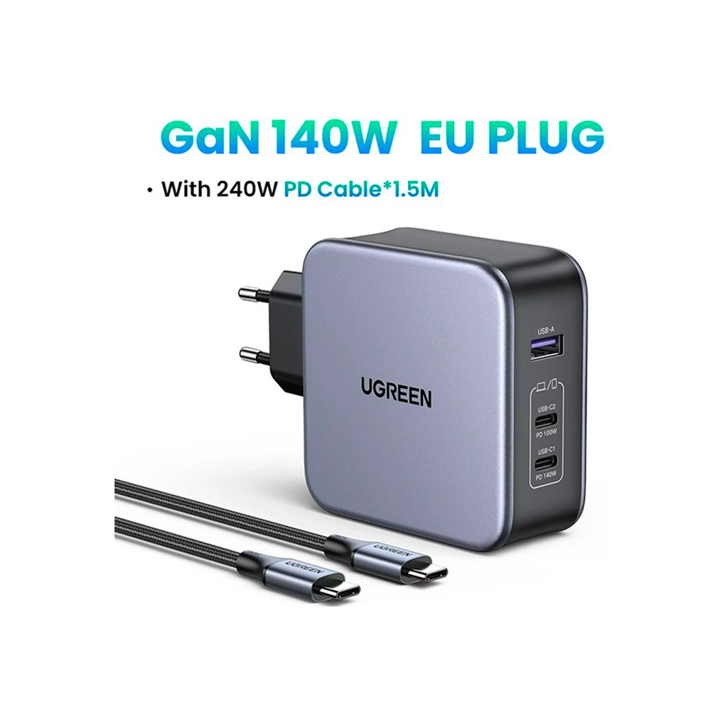 Зарядний пристрій Ugreen 3xUSB 140W (2хUSB-C+USB-A) Gan CD289 with C to C Cable 1.5m (90549) - фото 3 Зарядний пристрій Ugreen 3xUSB 140W (2хUSB-C+USB-A) Gan CD289 with C to C Cable 1.5m (90549) - фото 3
