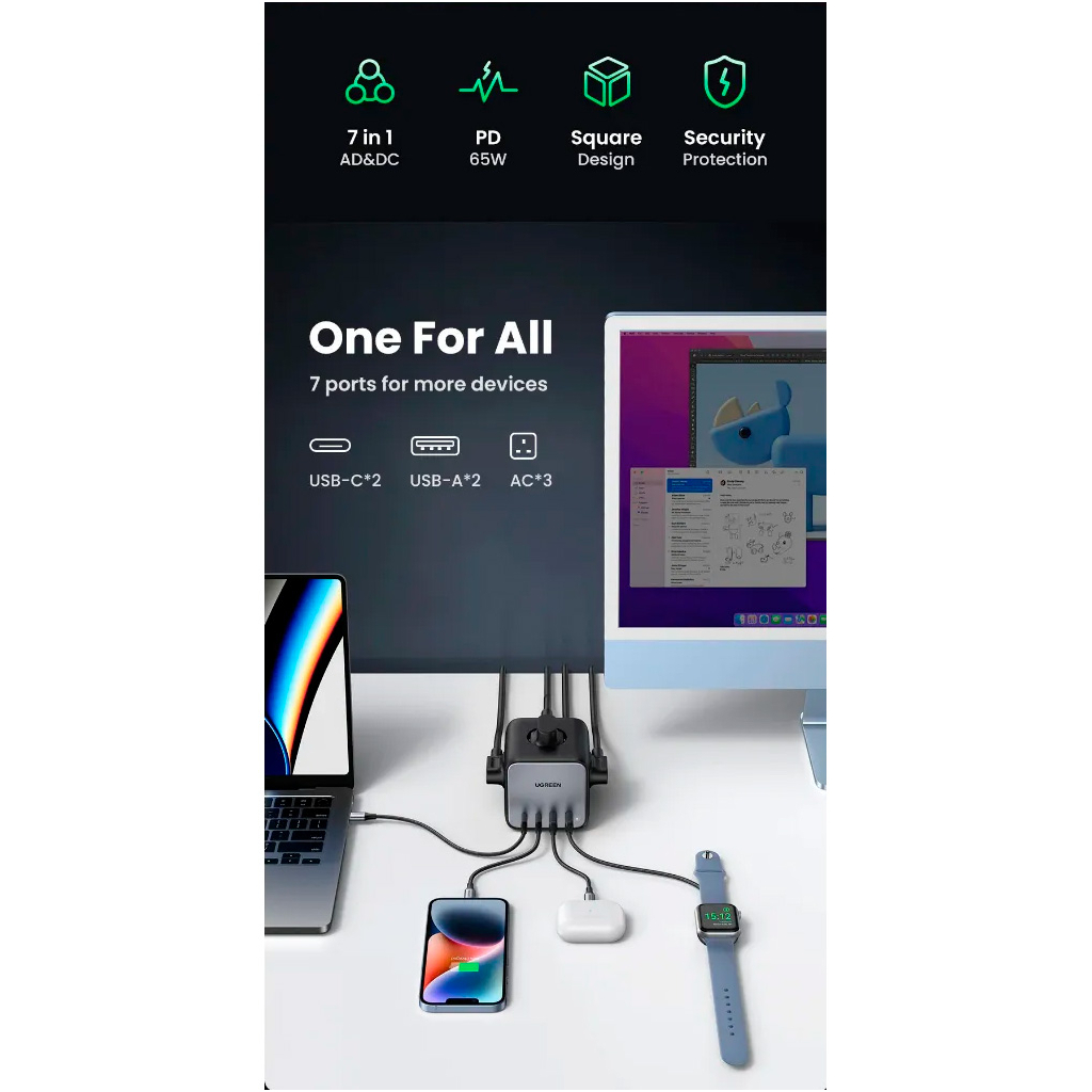 Зарядний пристрій Ugreen 4xUSB 65W DigiNest Cube (2хUSB-C+2xUSB-A) CD268 (60113) - фото 5 Зарядний пристрій Ugreen 4xUSB 65W DigiNest Cube (2хUSB-C+2xUSB-A) CD268 (60113) - фото 5